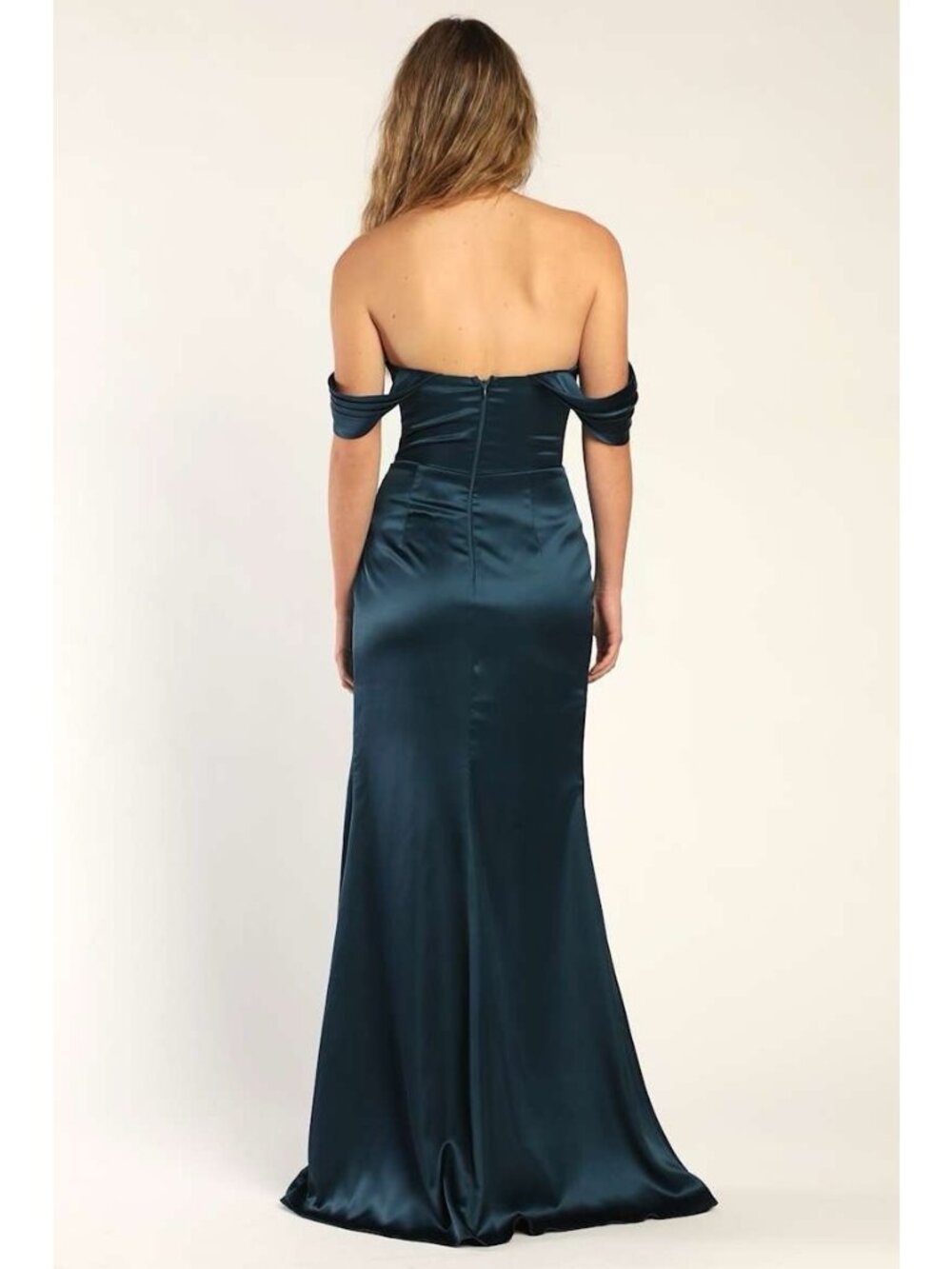 Lulus Stunning Arrival Maxi Dress Sz Medium Dark Teal Satin Off The Shoulder - Picture 6 of 8
